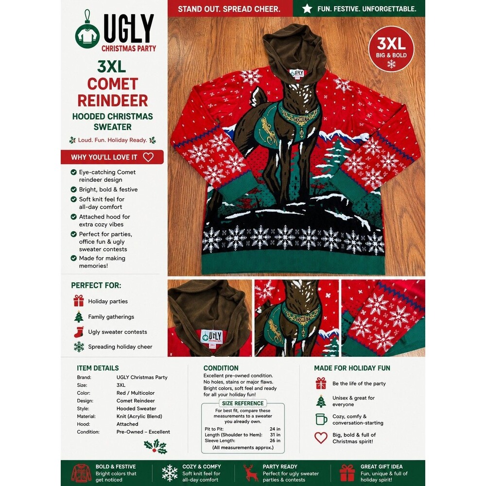 UGLY Christmas Party 3XL Comet Reindeer Christmas Sweater Red Hooded